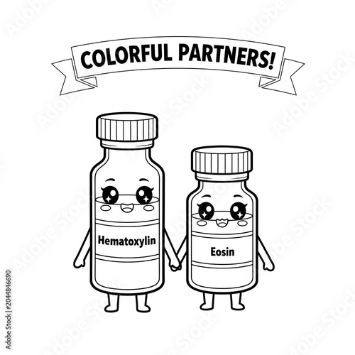Cute cartoon H&E stain twin bottles character holding hands with colorful partners text, laboratory hematoxylin and eosin chemistry histology line art coloring page for kids.