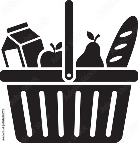 Black silhouette of a picnic basket filled with food and groceries silhouette