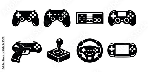 Schilderij op canvas Collection of diverse video game controllers and input devices in black silhouet