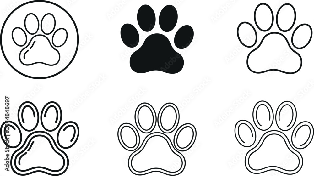 Fototapeta premium Animal paw print icon set featuring dog or cat footprint tracks in solid black glyph silhouette and thin line outline styles for pet care graphics