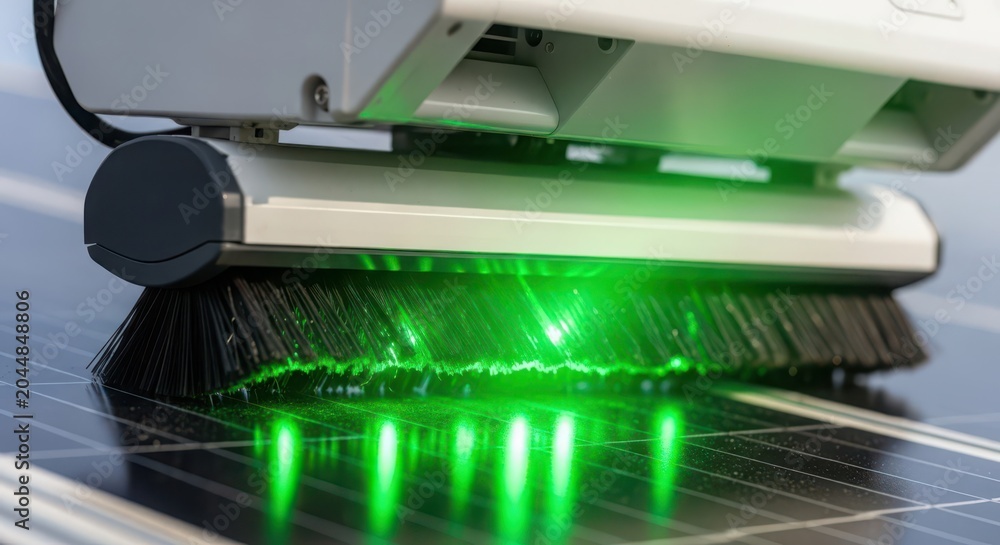 Fototapeta premium Close-up view of solar panel manufacturing with green laser light illuminating circuits