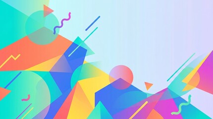 A bright contemporary abstract background with colorful geometric shapes like triangles, circles, and zig-zag lines forming a dynamic border around a soft blue copy space.