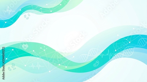 A bright healthcare technology abstract background featuring flowing cyan and teal waves integrated with network nodes, dna strands, and medical icons framing an open copy space.