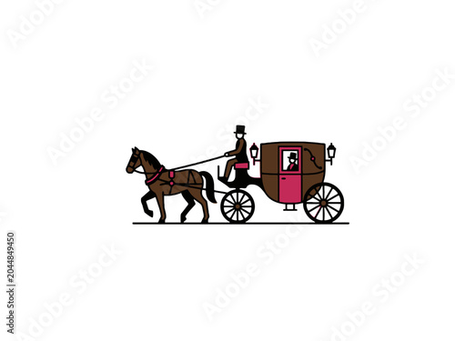 Canvastavla Vintage horse-drawn carriage with coachman and passenger
