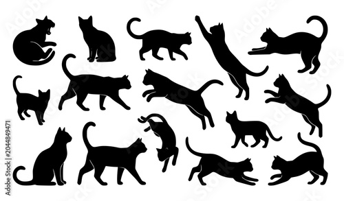 Photos Dynamic set of 14 black cat silhouettes in varied poses floating composition vec