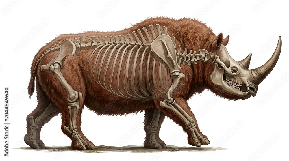 Fototapeta premium Woolly Rhinoceros Skeletal Anatomy and Body Reconstruction 3D Illustration