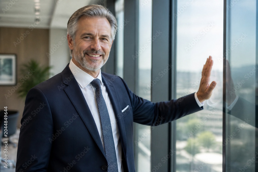 Fototapeta premium Middle aged businessman smiling with hand on office window
