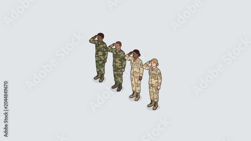 Schilderij op canvas Isometric Military Soldiers Saluting in Camouflage Uniforms