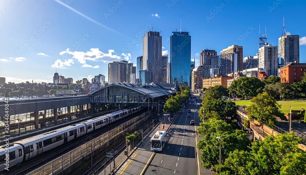 Fototapeta premium Modern Urban Skyline Rising Above Train Station and Tree Lined Street in Bright Daylight
