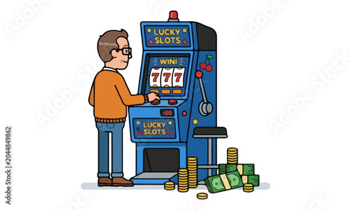 Φωτογραφία Man Playing Lucky Slot Machine with Jackpot and Money Stacks