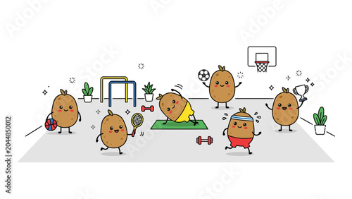 Foto Potato Mascot Characters Exercising and Playing Sports Vector