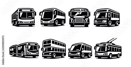 Collection of diverse bus icons and illustrations in a clean black and white style
