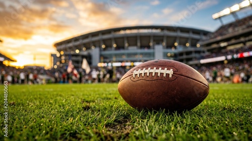 American Football on a grassy field with a stadium in the background at sunset