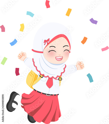 Schilderij op canvas A young girl wearing a hijab and traditional attire celebrating with colorful co
