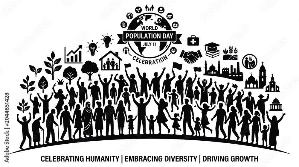 Fototapeta premium The humanity celebration banner highlights global diversity and cultural growth through silhouettes and various life icons.