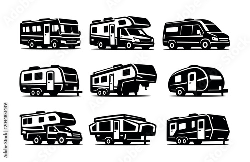Collection of diverse recreational vehicle and camper van silhouettes for travel and adventure