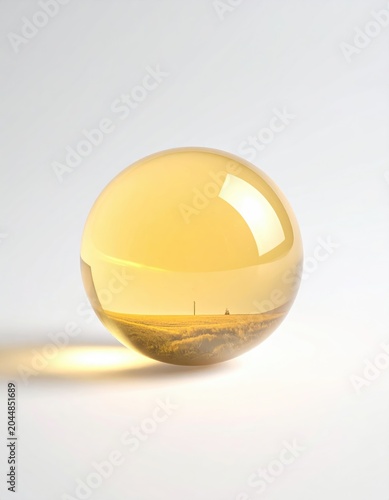A clear, amber sphere refracts a golden landscape with a distant, solitary figure