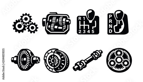 Collection of automotive transmission and drivetrain component icons in black and white