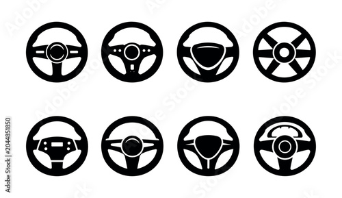 Collection of diverse car steering wheel icons in black and white silhouette