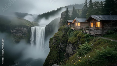 Cozy wooden cabin with glowing windows lush cliff overlooking majestic waterfall, misty serene landscape, tranquil forest