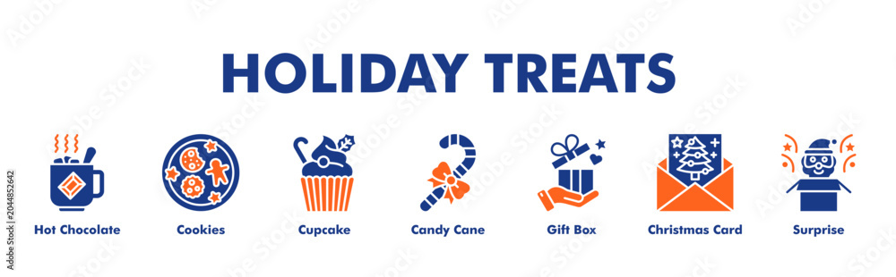 Obraz premium HOLIDAY TREATS web banner icon vector illustration concept with icon of Hot Chocolate, Cookies, Cupcake, Candy Cane, Gift Box, Christmas Card, Surprise