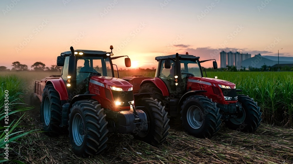 Fototapeta premium Two farm tractors harvesting sugarcane during sunset