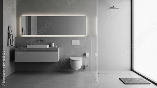 Modern minimalist bathroom design featuring sleek fixtures and clean lines