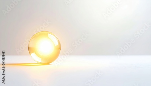 A glowing golden orb rests on a white surface, casting a warm, bright light