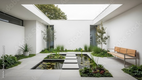 Modern minimalist courtyard design with water feature and natural light