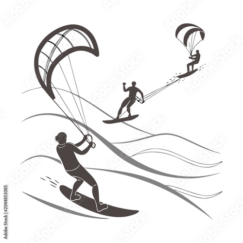 Fotografie Kitesurfing, kitesurfer, water sports, action, adventure, extreme, vector icons