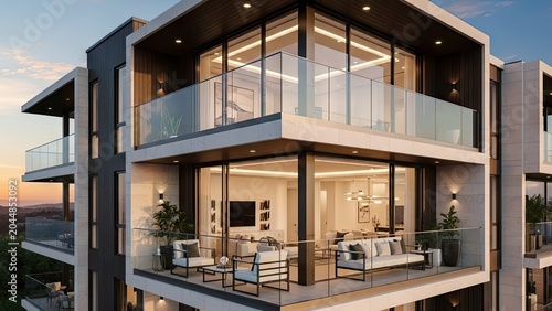 Modern luxury apartment building exterior design with balcony and glass windows
