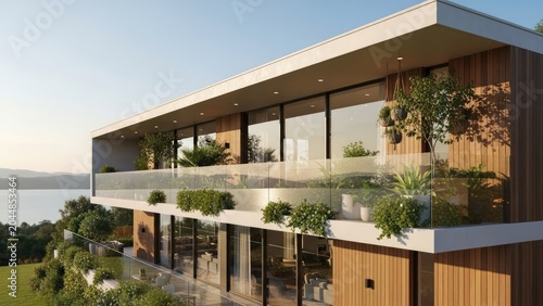 Modern luxury home exterior with large windows and wooden facade overlooking water