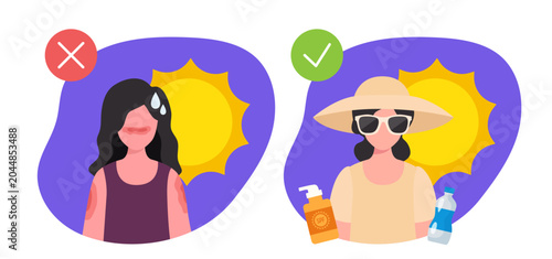Sun Protection vs Sunburn. Summer Iillustration. Vector hand drawn illustration.