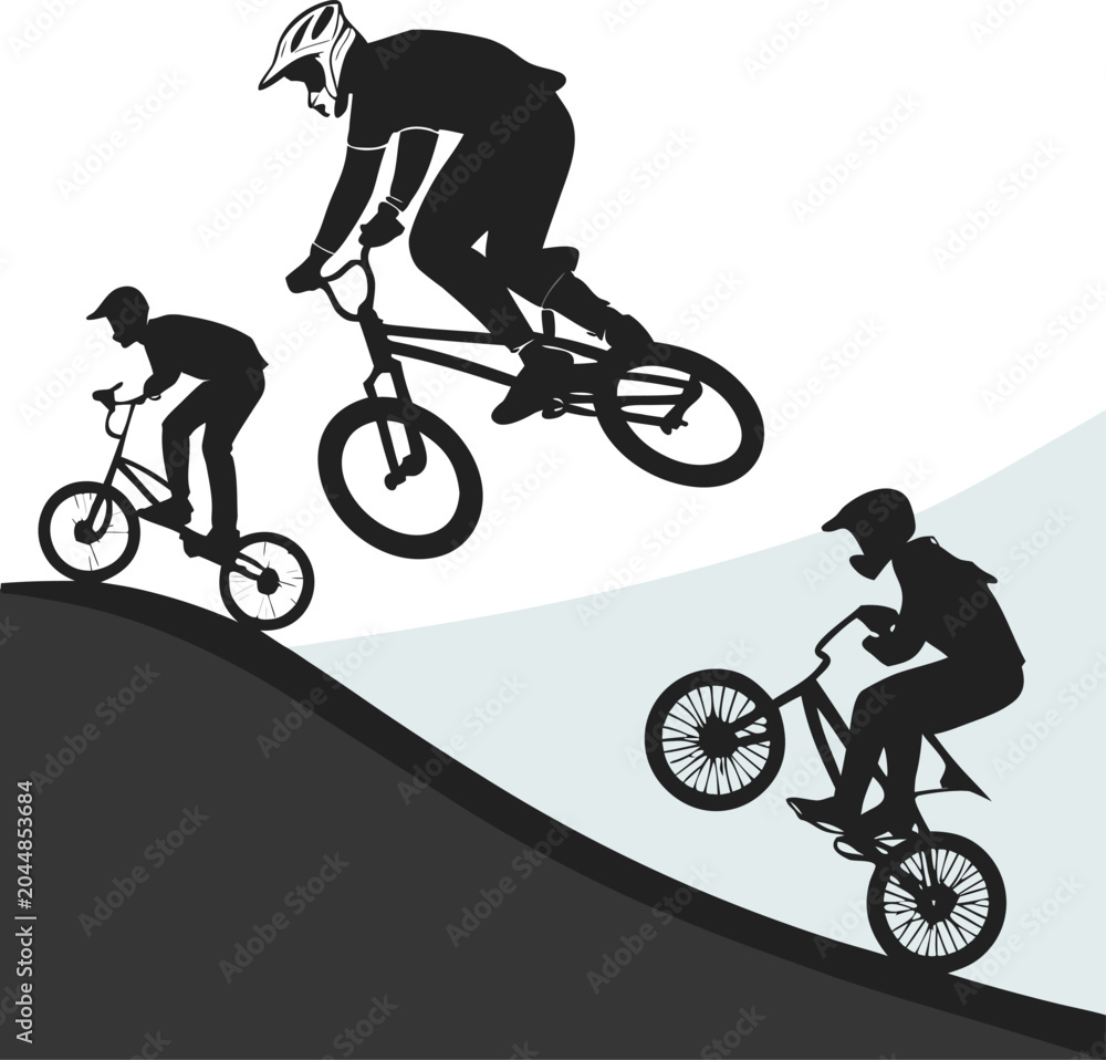 Naklejka premium Black silhouettes of bikers riding bicycles, mountain bike riders in motion, cycling sport icons, vector graphics