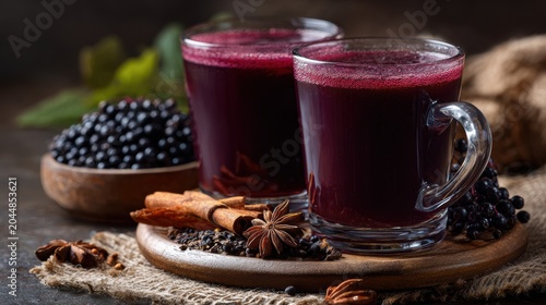 Benefits of Elderberry. Two clear glass mugs filled with dark purple elderberry juice with fresh elderberries and spices on a wooden surface.
