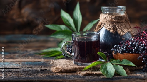 Benefits of Elderberry. A glass and jar of dark elderberry juice surrounded by fresh elderberries and green leaves on a rustic surface.