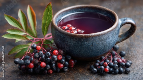 Benefits of Elderberry. A rustic cup of herbal tea surrounded by fresh elderberries and green leaves on a textured surface.
