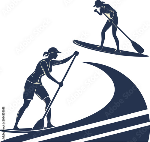 Canvas Print Stand up paddleboard, SUP surfing vector icons, nautical sports graphics, blue s