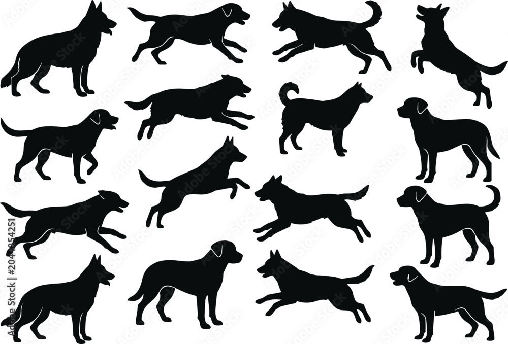 Obraz premium Collection of active dog silhouettes featuring various breeds running jumping and standing isolated on white background
