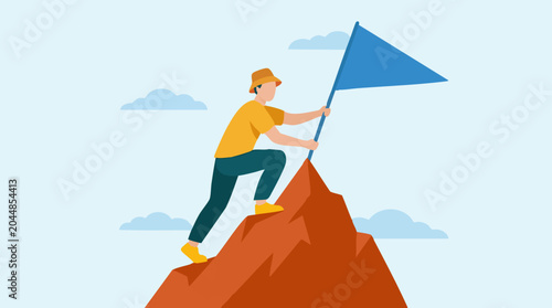 Obraz na plátně Man climbing mountain and planting flag, symbolizing achievement