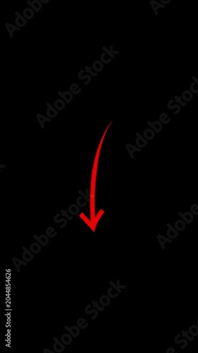 Vertical red arrow pointing downwards isolated on a solid black background for user interface
