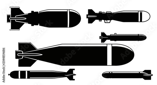 Collection of military bomb and missile silhouettes on white background.