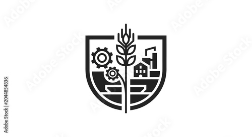 Agriculture industry technology emblem with wheat, factory and gears
