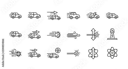 Car speed and motion icons, representing velocity, acceleration and energy.