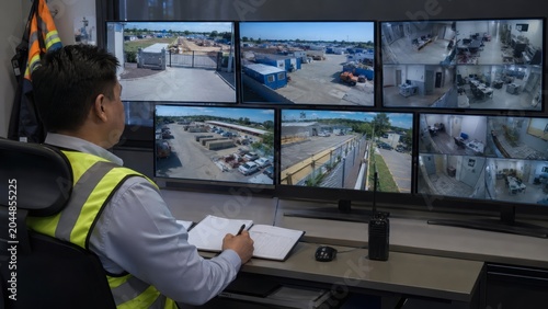 Asian Man Security Guard Monitoring Multiple Surveillance Screens in a Control Room