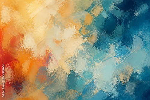 Abstract painting blending warm and cool tones on canvas