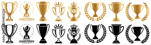 Football Champion, Trophy Icons Collection, Winner Cup Awards, Laurel Wreath Vector Set of Golden color and Shilhouette.