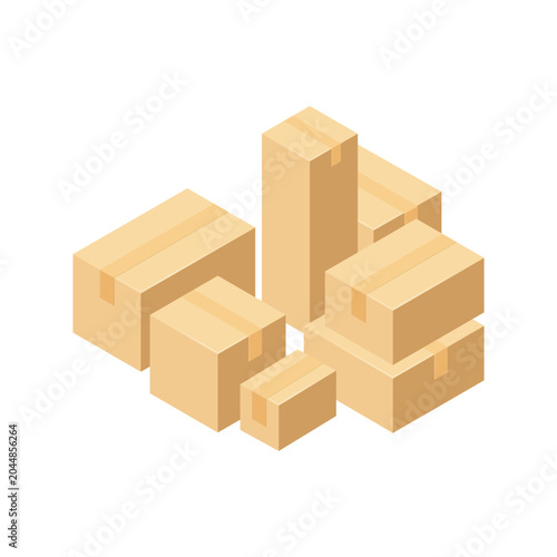 Stacked Isometric Cardboard Boxes in Various Sizes and Sealed with Tape