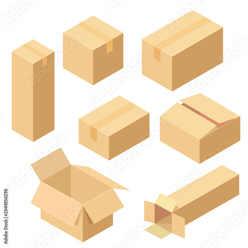 Isometric Cardboard Boxes in Multiple Shapes and States for Packaging Design