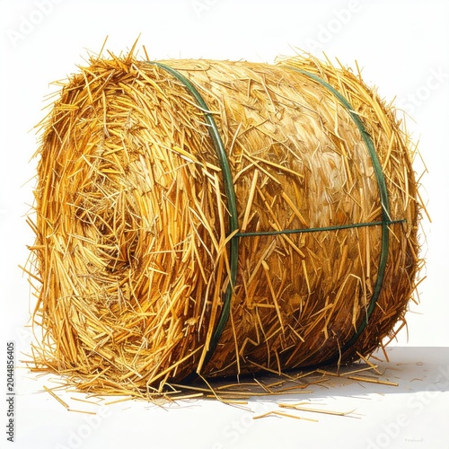 Golden hay bale, bound with green straps, stands in studio light